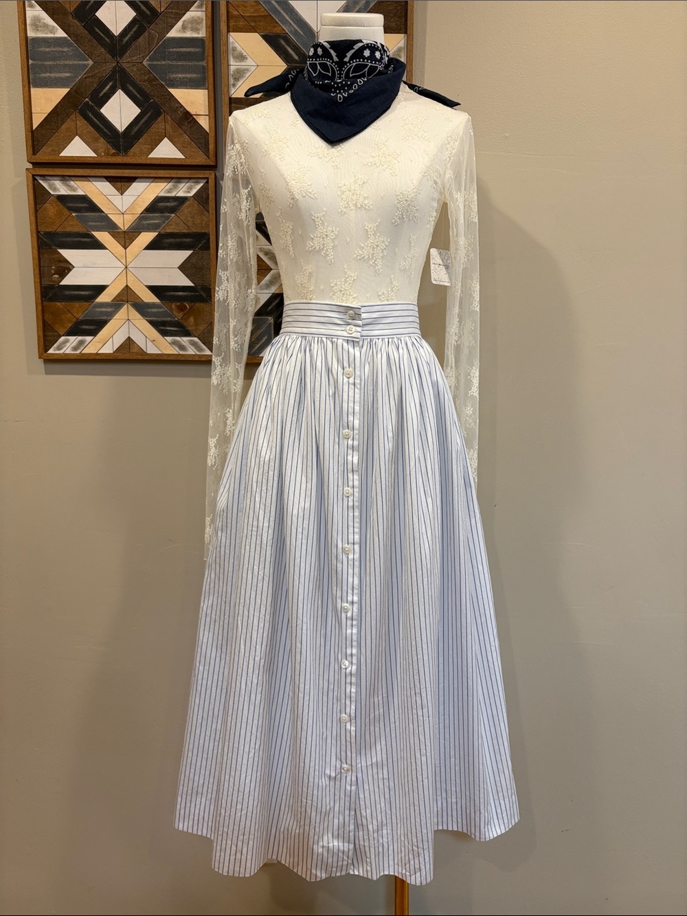 Vintage Ralph Lauren Blue Label 80s Striped Cotton Flared Button Down Maxi Skirt